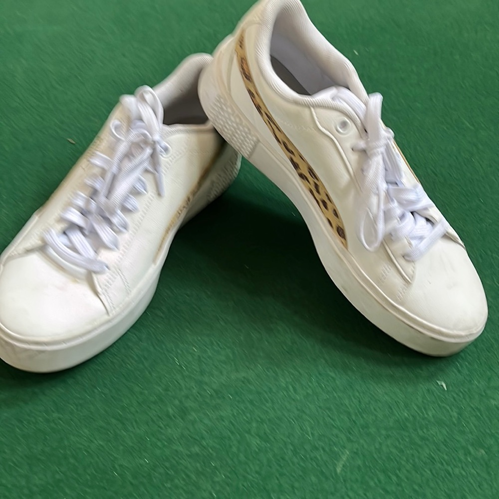 Puma tennis shoes, platform leopard accents